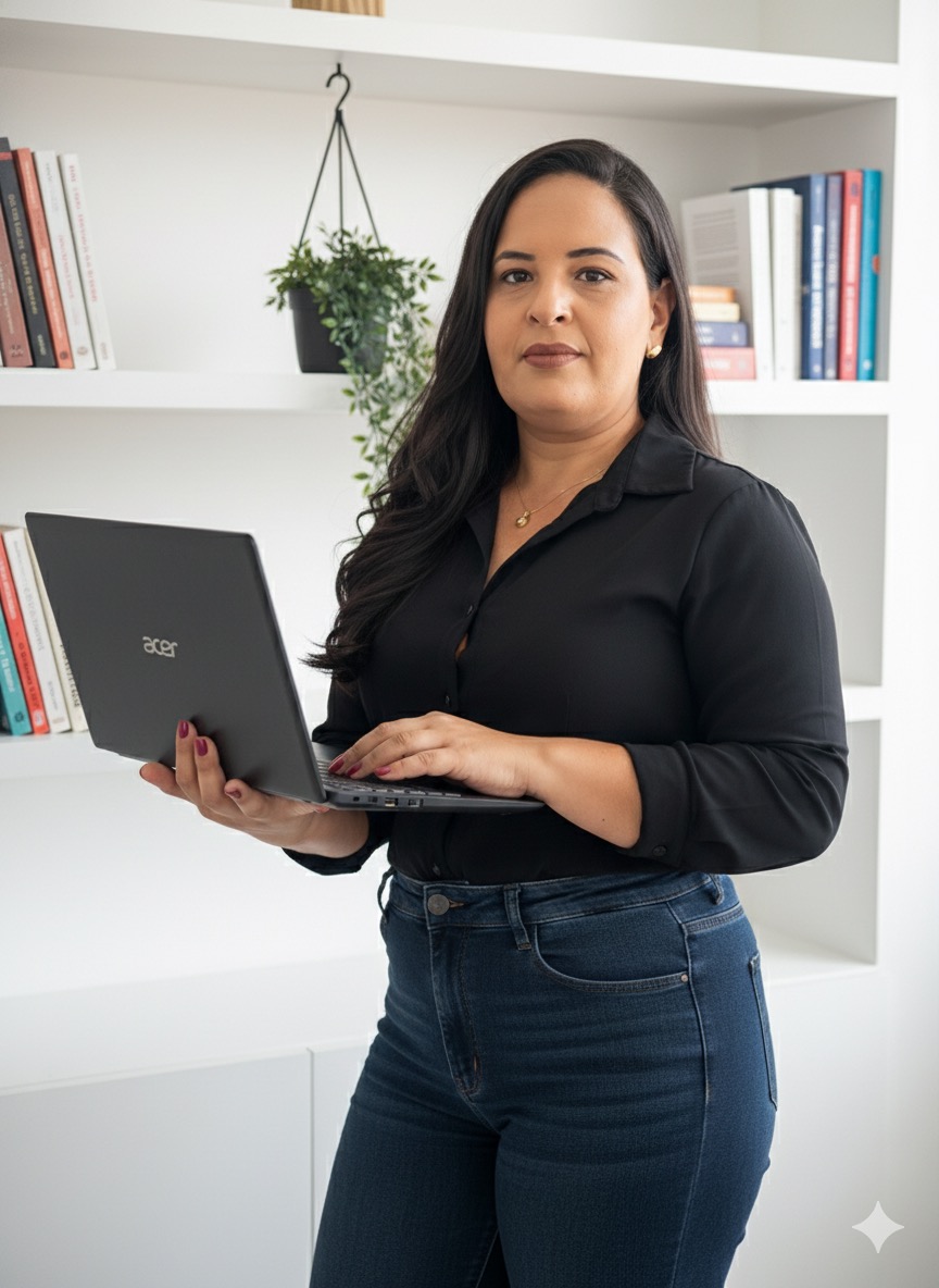 Jéssica Stuart com notebook durante seu trabalho